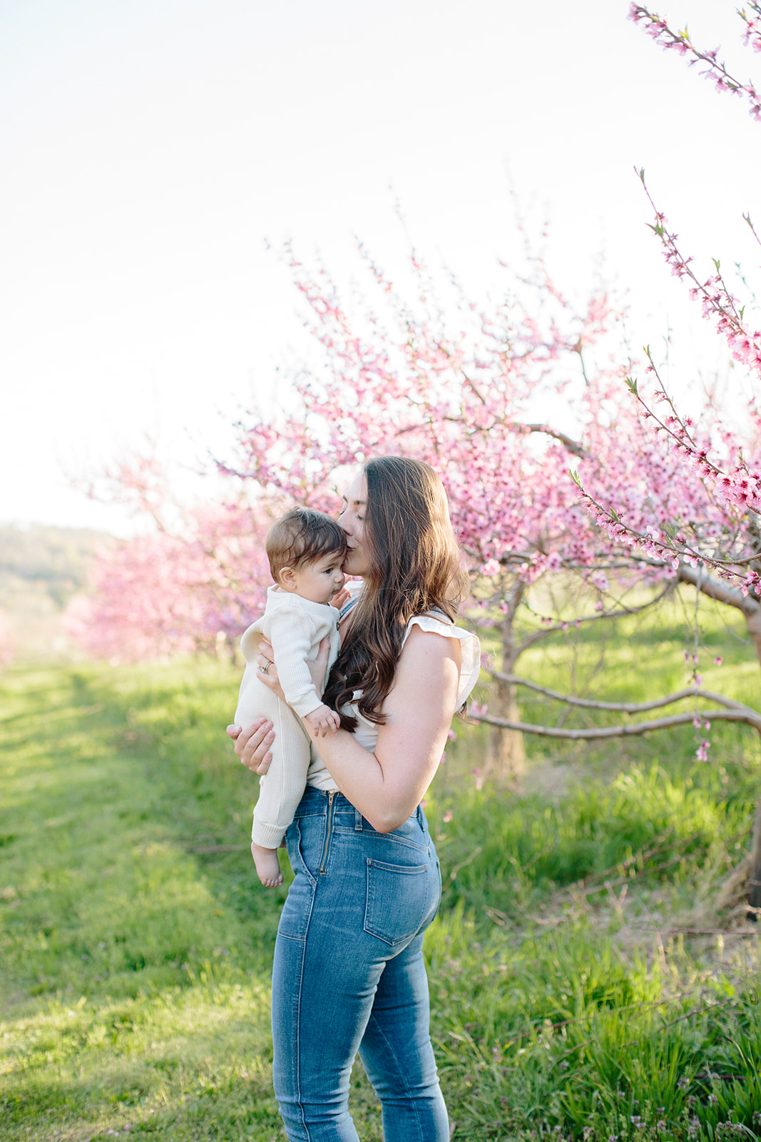 motherhood session peach blossoms orchard